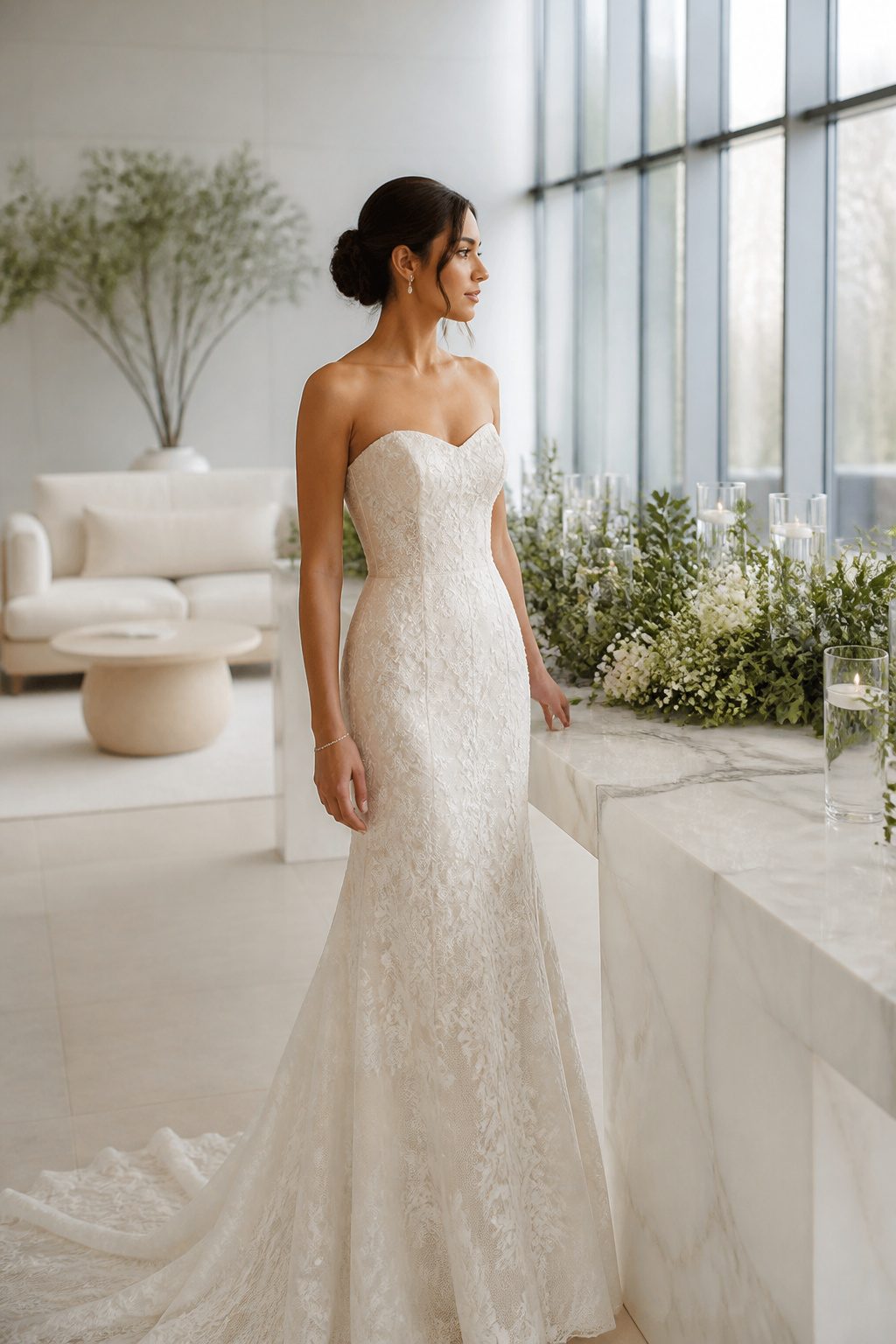 Bride with muted beige and champagne tones in a minimalist venue.