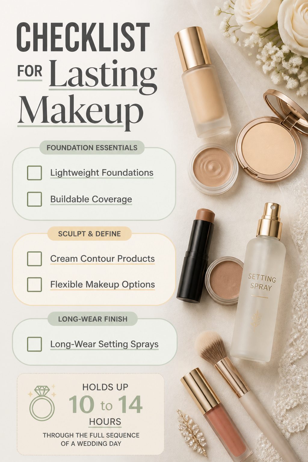 Checklist for long-lasting makeup products for weddings.