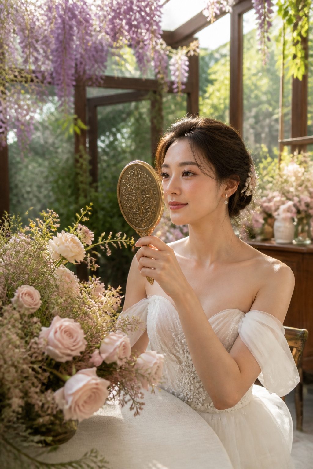 Bride with rosy cheeks and champagne shimmer in a garden setting.