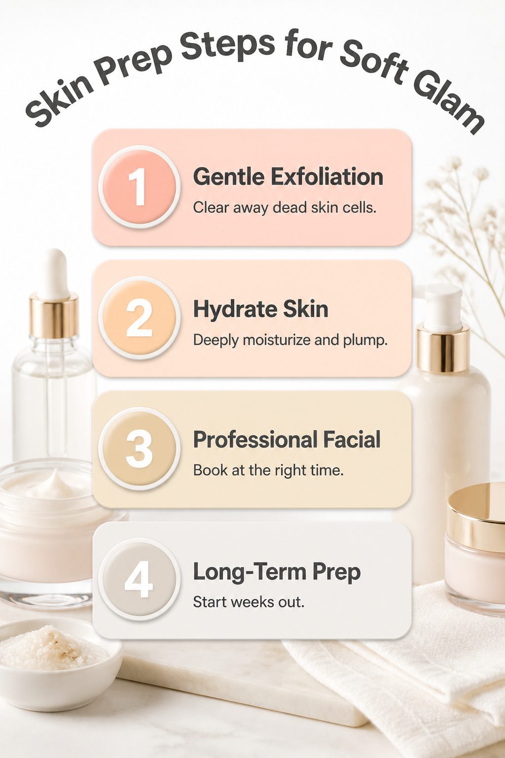 Steps for skin prep to achieve soft glam bridal makeup.