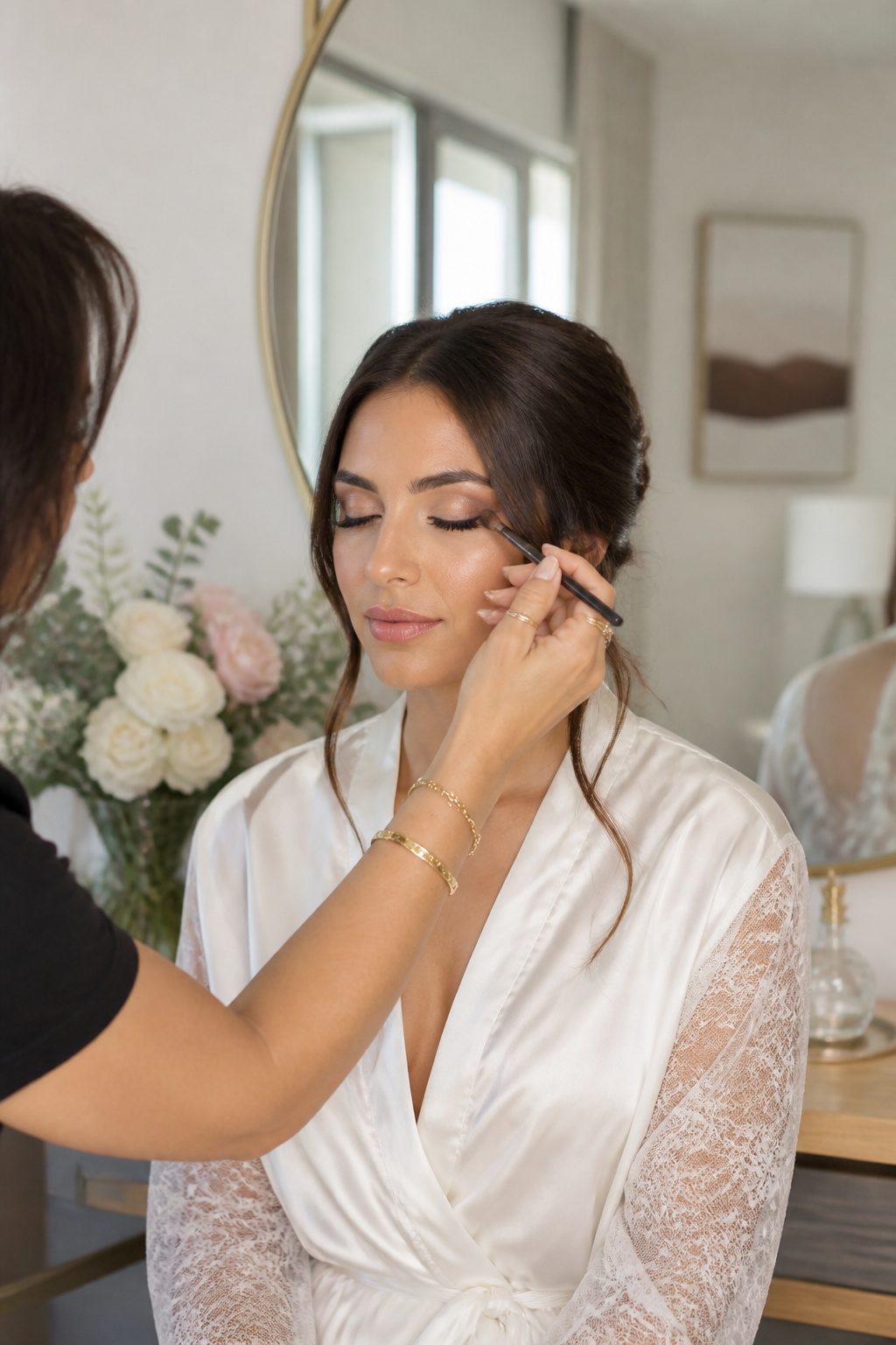 Bride with defined eyes and soft glam makeup in a chic suite.