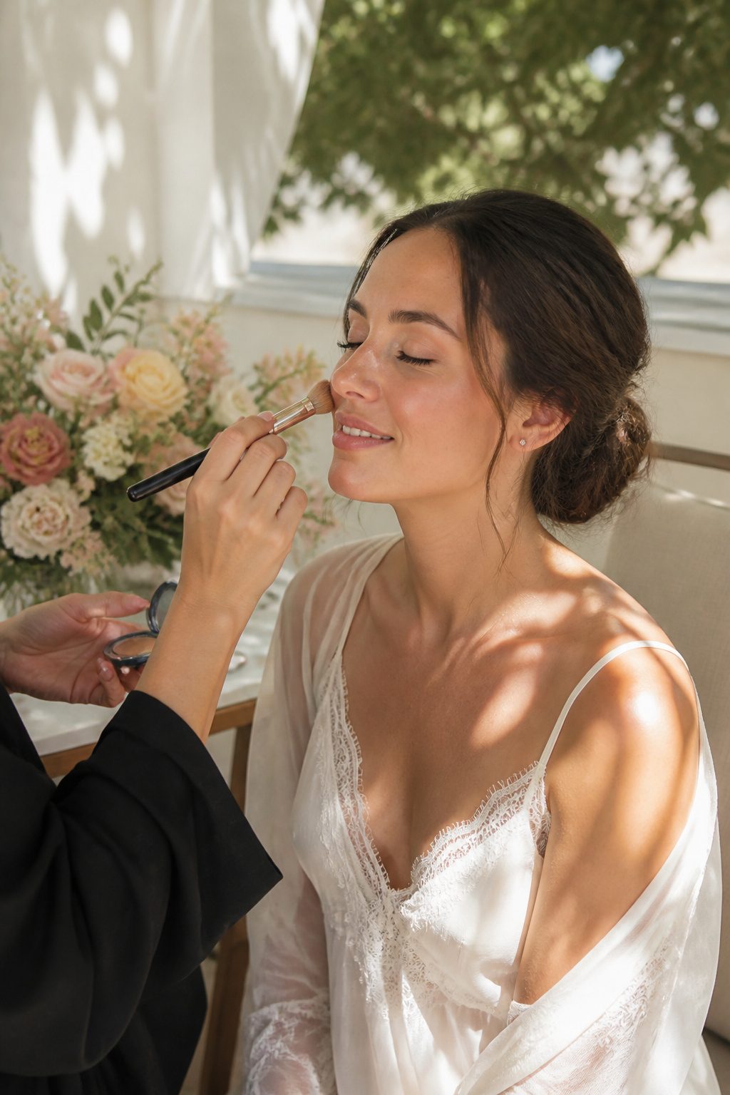 Bride with luminous skin and dewy foundation in natural light.