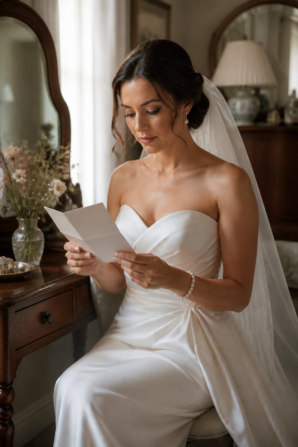 Bride with soft eyes and nude lip in a vintage dressing room.