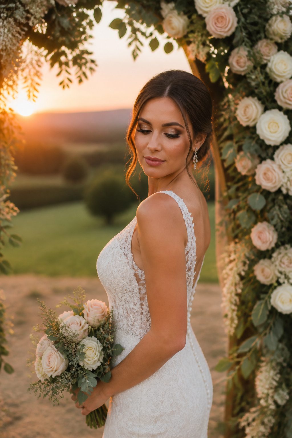 Bride with soft smokey eyes and floral archway at sunset.