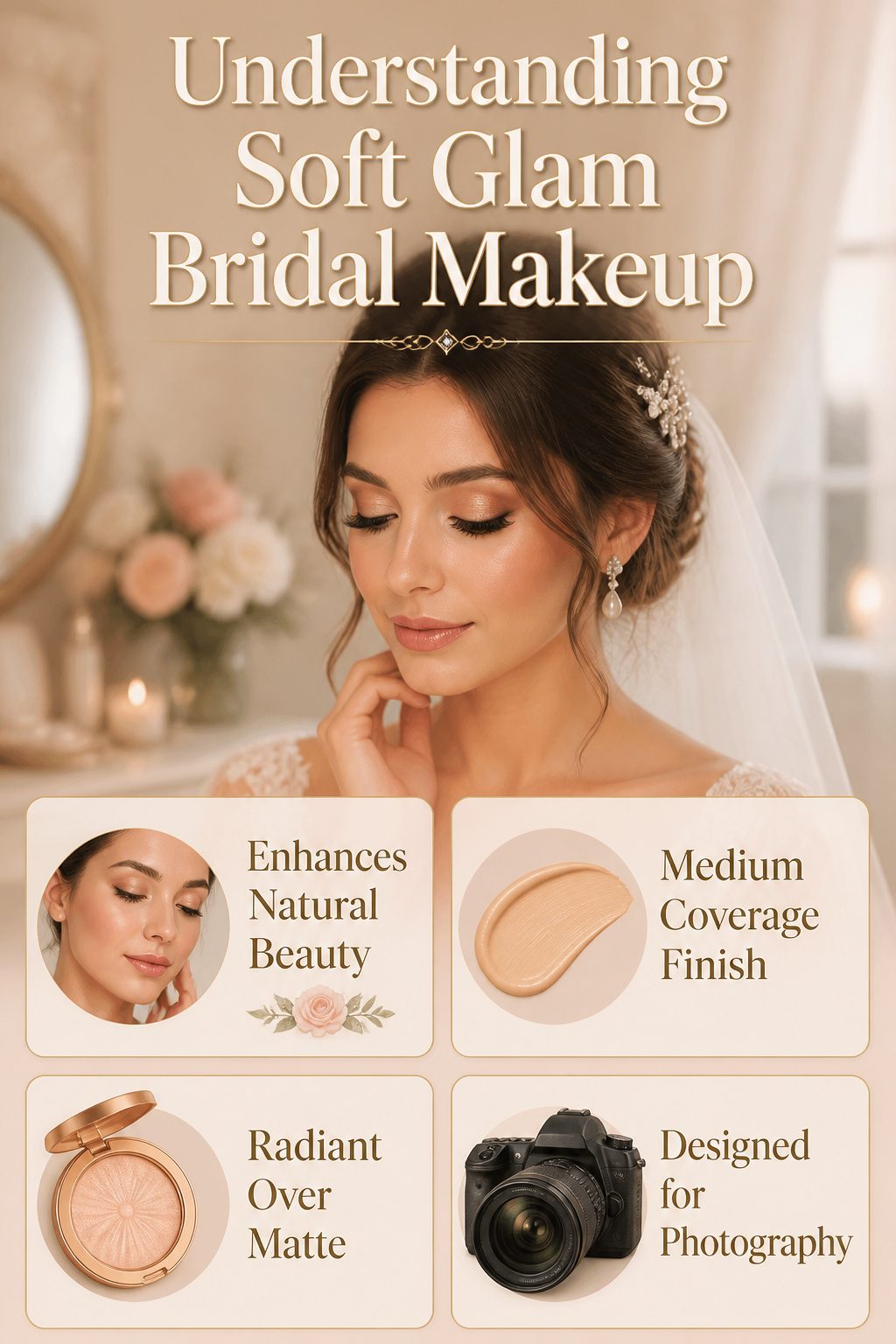 Information on soft glam bridal makeup enhancing natural beauty.