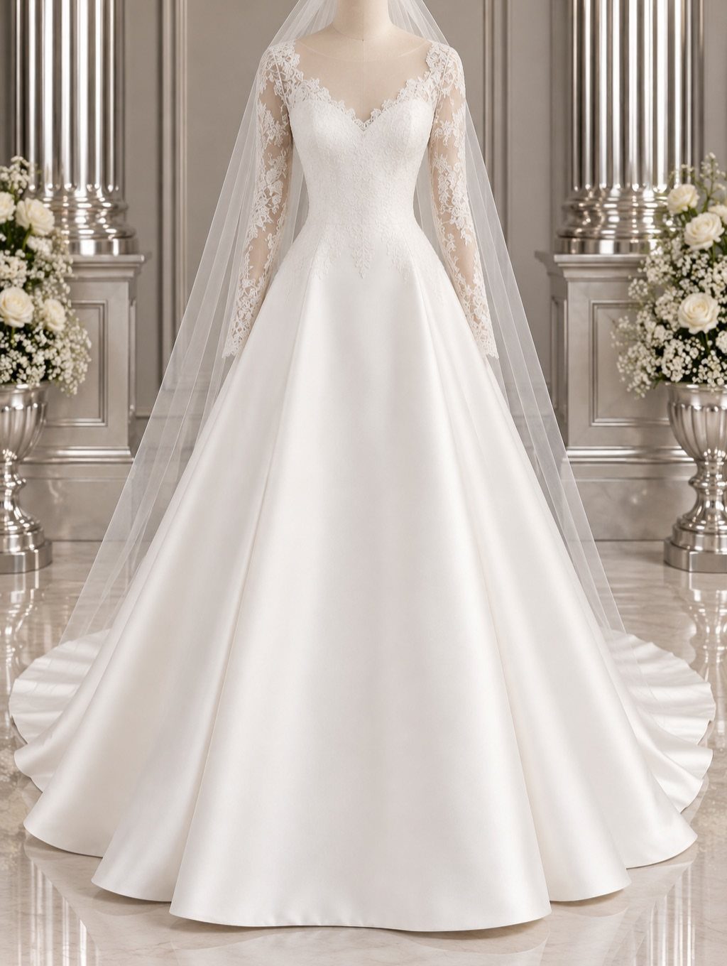 A white satin A-line wedding dress with lace sleeves and a sweetheart neckline on a mannequin.