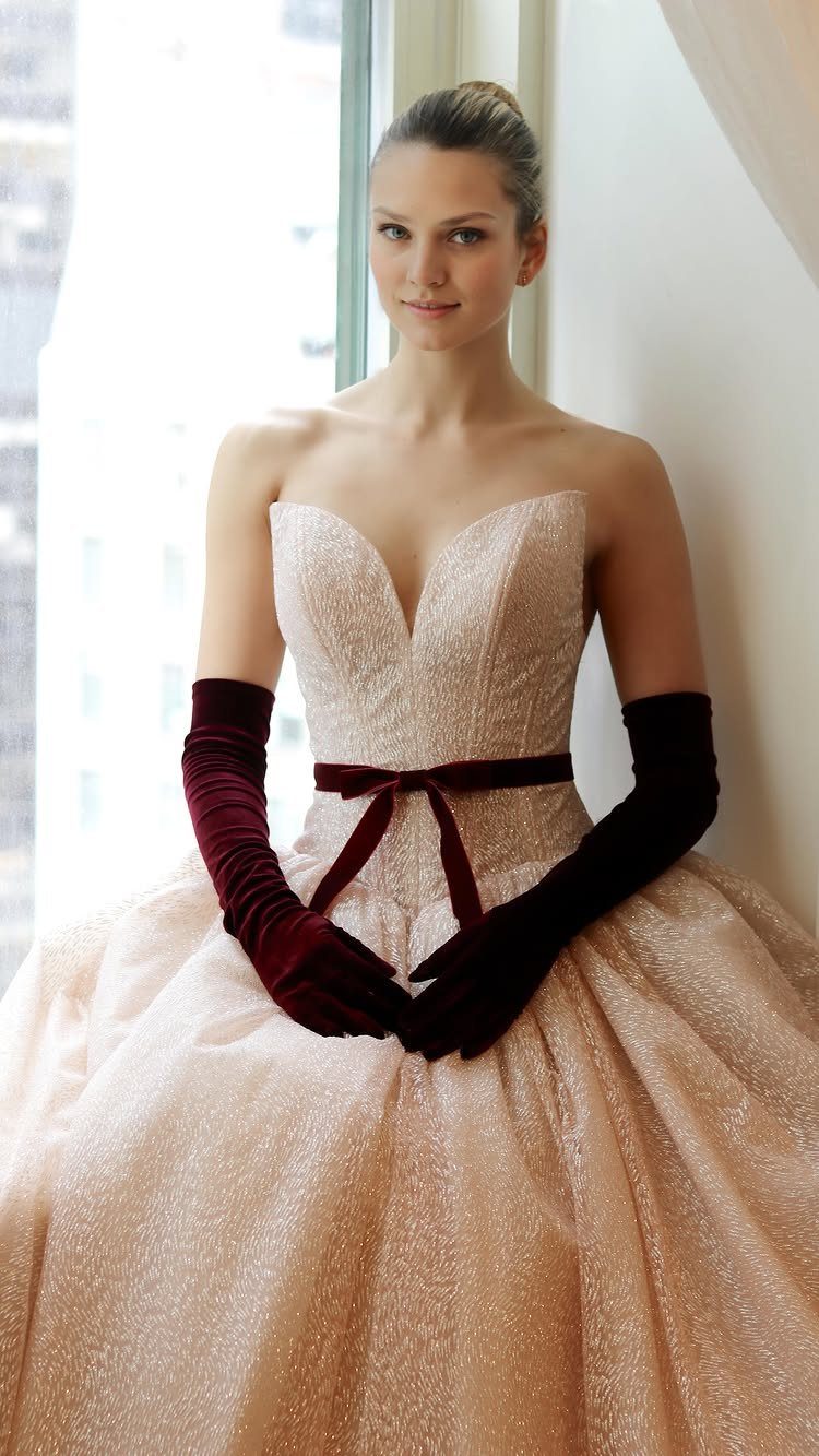Woman in a sparkling champagne A-line wedding dress with a sweetheart neckline and burgundy velvet accents.