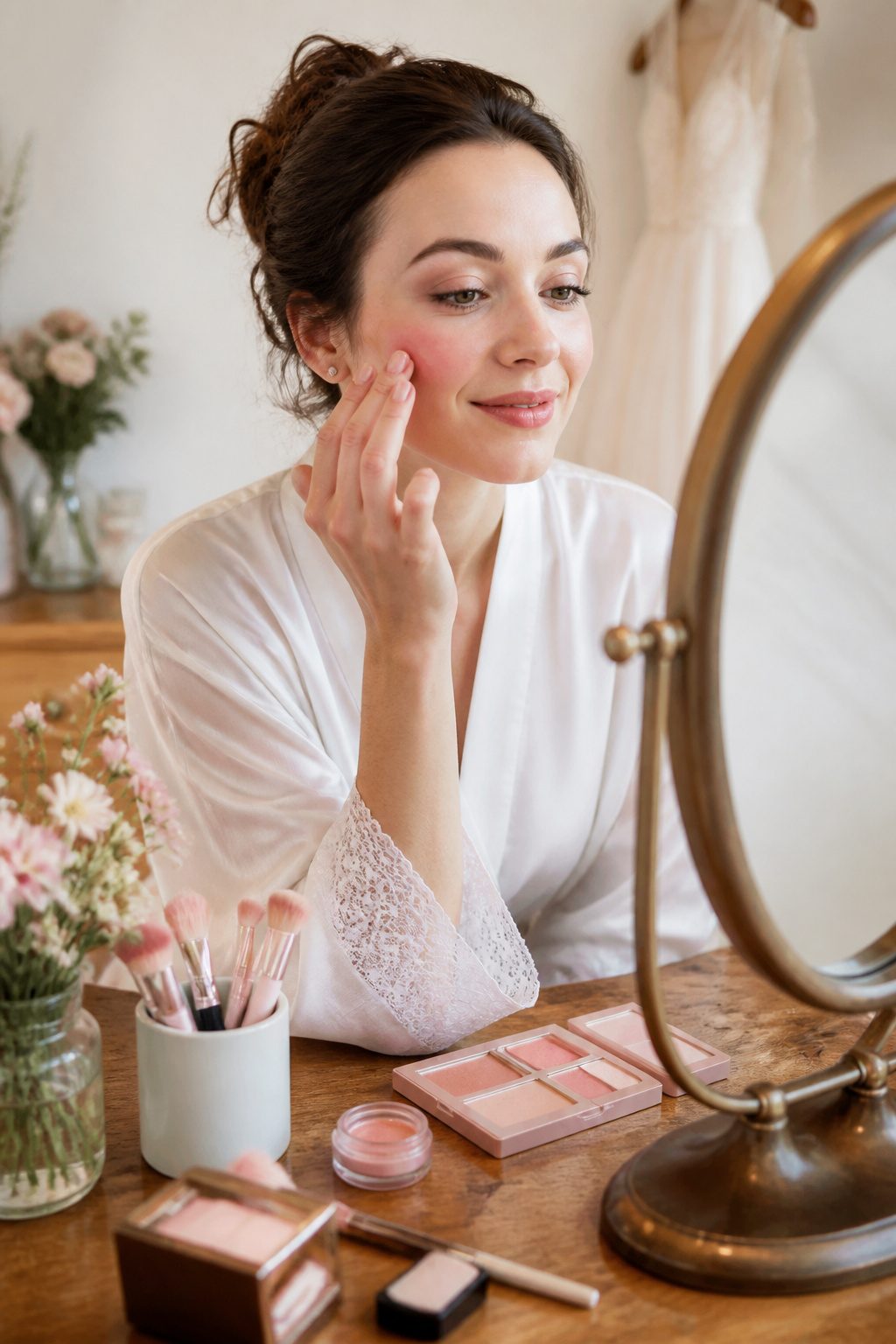 How to Do Very Light Makeup Looks: 11 Steps for a Fresh Face 5 Model applying cream blush on her cheeks.