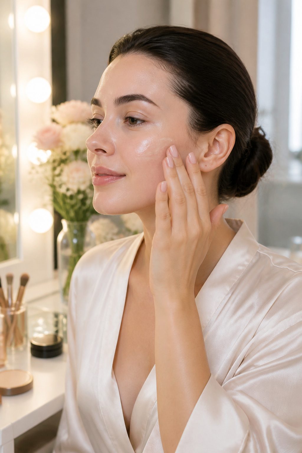 How to Do Very Light Makeup Looks: 11 Steps for a Fresh Face 2 Model applying primer to her cheeks at a bright makeup station.