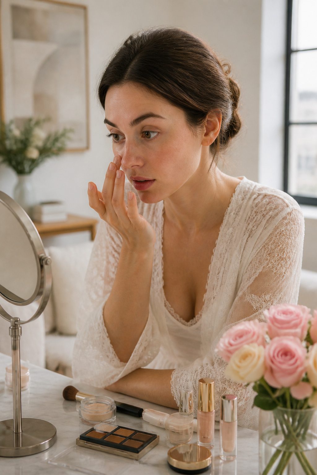 How to Do Very Light Makeup Looks: 11 Steps for a Fresh Face 4 Bride applying concealer in a modern studio with sunlight.