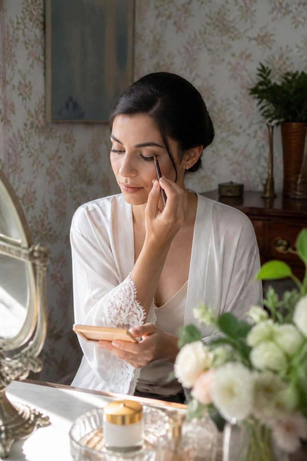 How to Do Very Light Makeup Looks: 11 Steps for a Fresh Face 8 Model applying eyeliner in a softly lit preparation space.