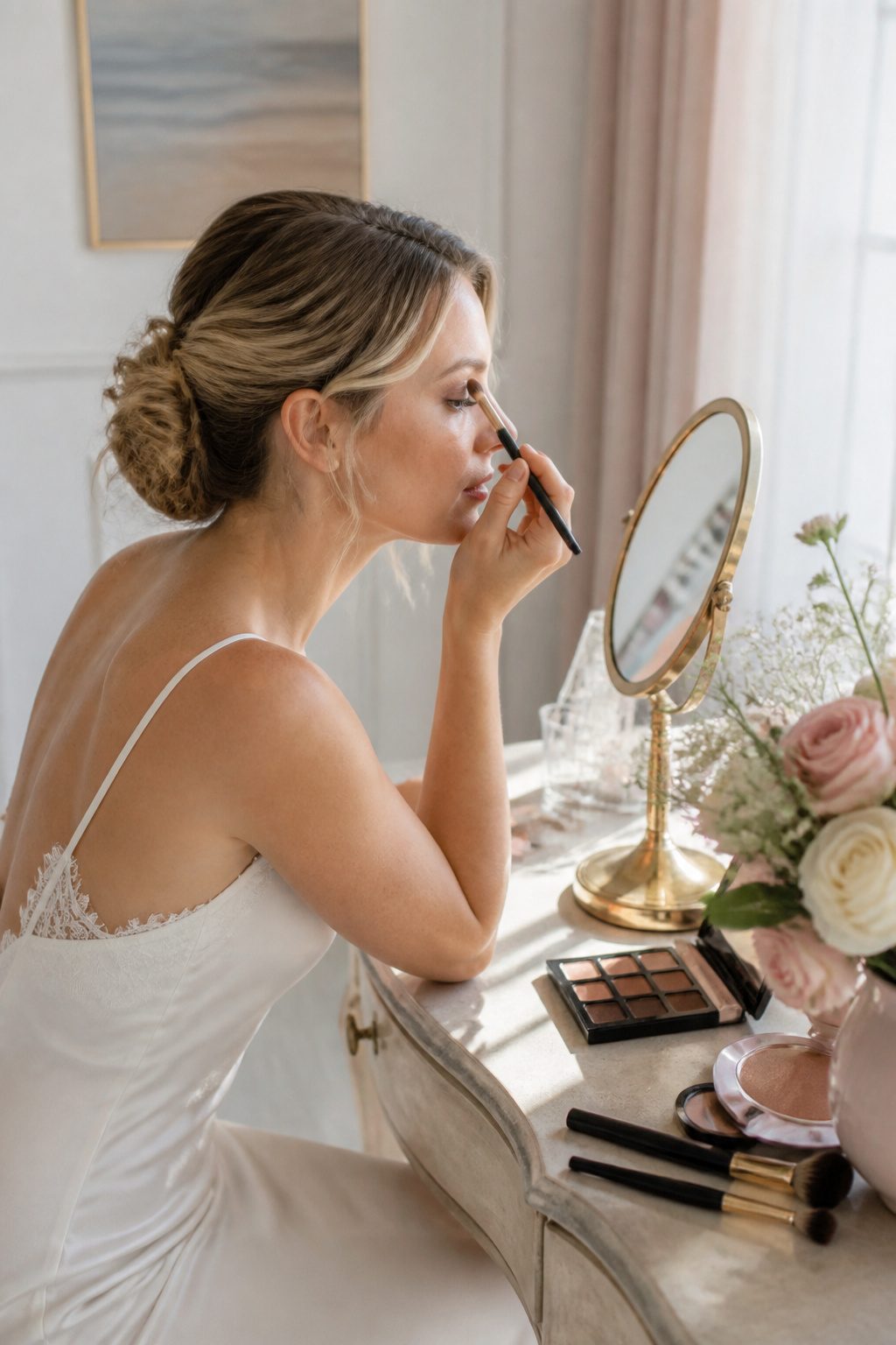 How to Do Very Light Makeup Looks: 11 Steps for a Fresh Face 7 Model applying eyeshadow at a light-filled vanity.