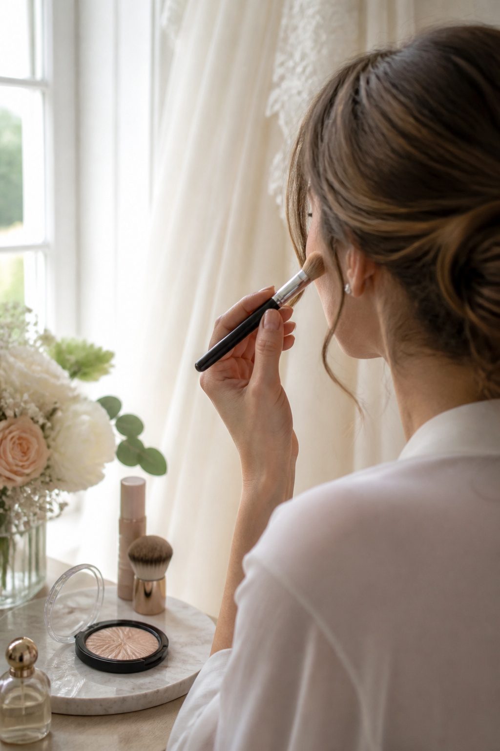 How to Do Very Light Makeup Looks: 11 Steps for a Fresh Face 6 Model applying highlighter in a tastefully decorated dressing area.