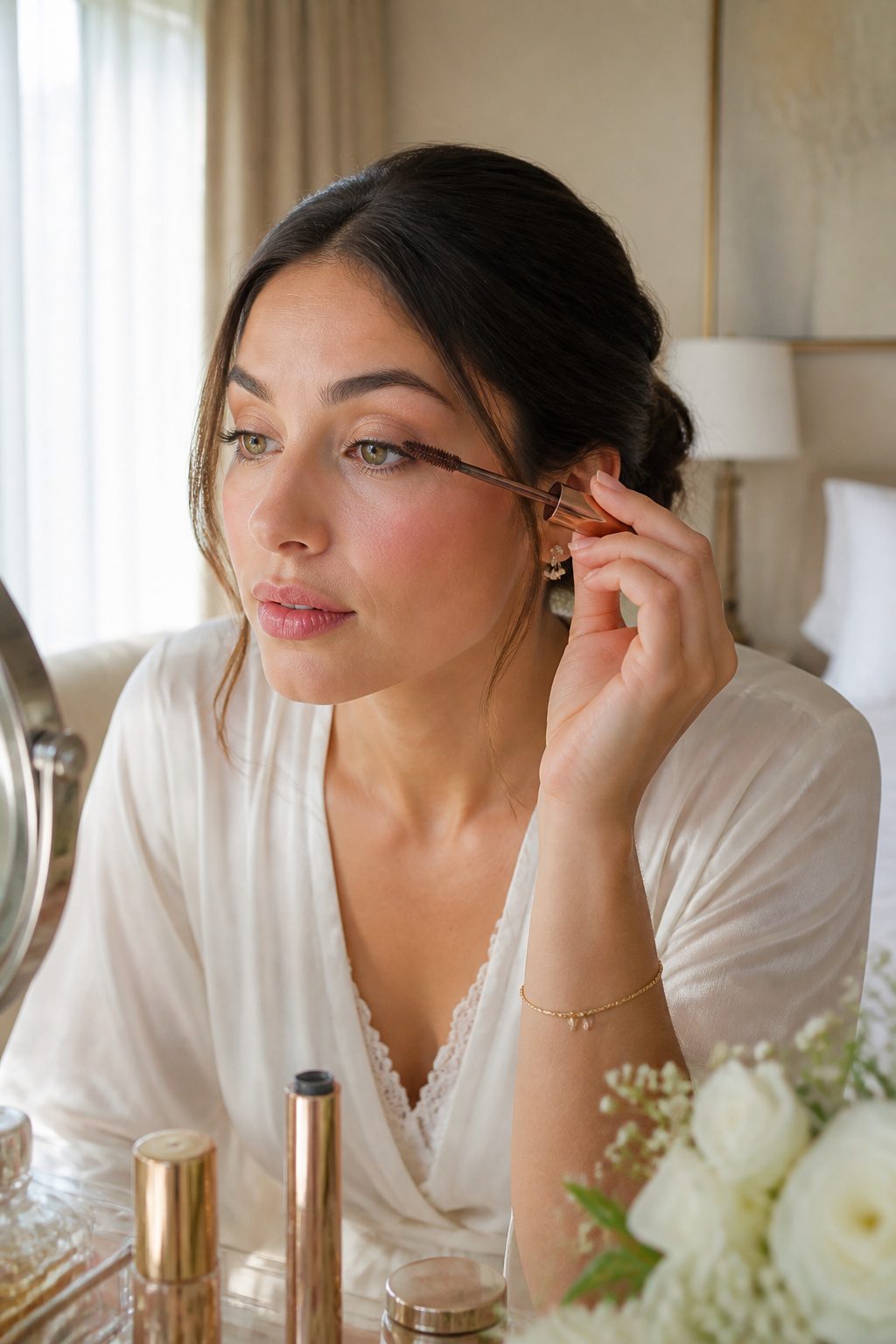 How to Do Very Light Makeup Looks: 11 Steps for a Fresh Face 9 Close-up of a model applying mascara in a bridal suite.