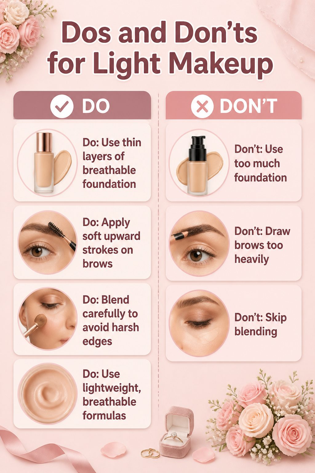 How to Do Very Light Makeup Looks: 11 Steps for a Fresh Face 14 Dos and don'ts for achieving light makeup.