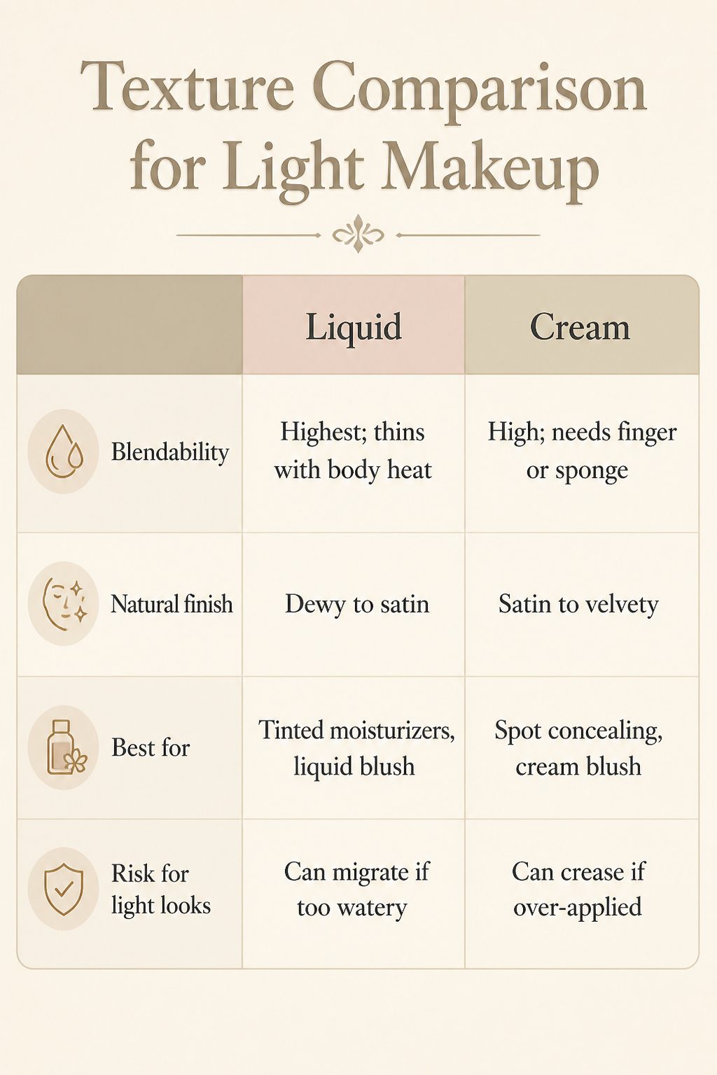 How to Do Very Light Makeup Looks: 11 Steps for a Fresh Face 13 Chart comparing liquid, cream, and powder makeup textures.