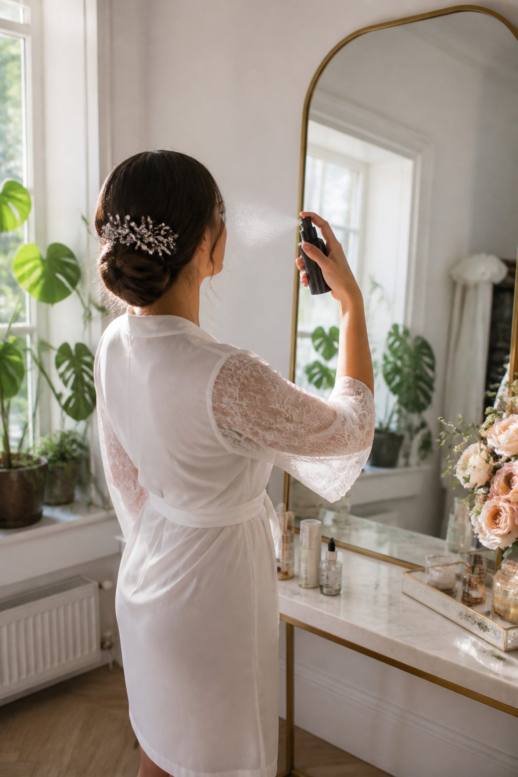 How to Do Very Light Makeup Looks: 11 Steps for a Fresh Face 11 Model using setting spray in a bright bridal suite.