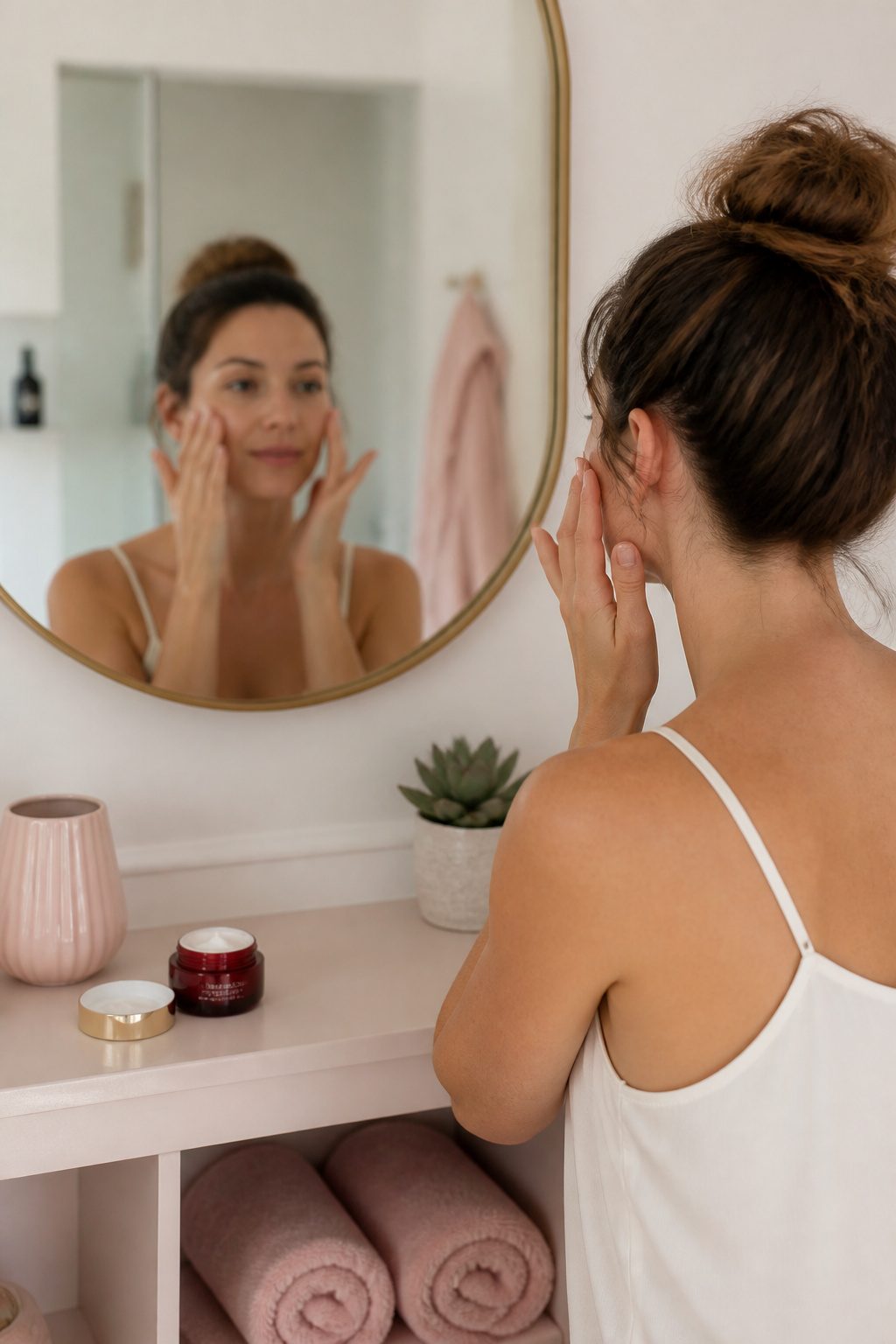 How to Do Very Light Makeup Looks: 11 Steps for a Fresh Face 1 Model applying moisturizer in a softly lit bathroom.