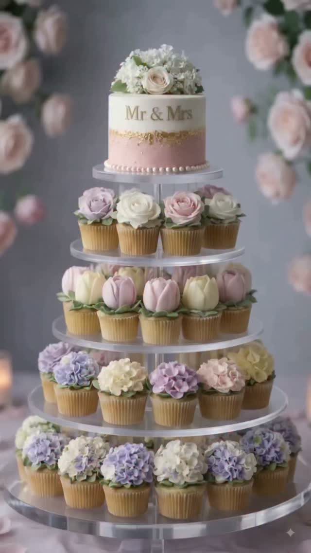 Wedding Cakes for 100 Guests: 6 Designs That Actually Work 5 A tiered wedding cake stand featuring a small pink cake and many pastel floral cupcakes.
