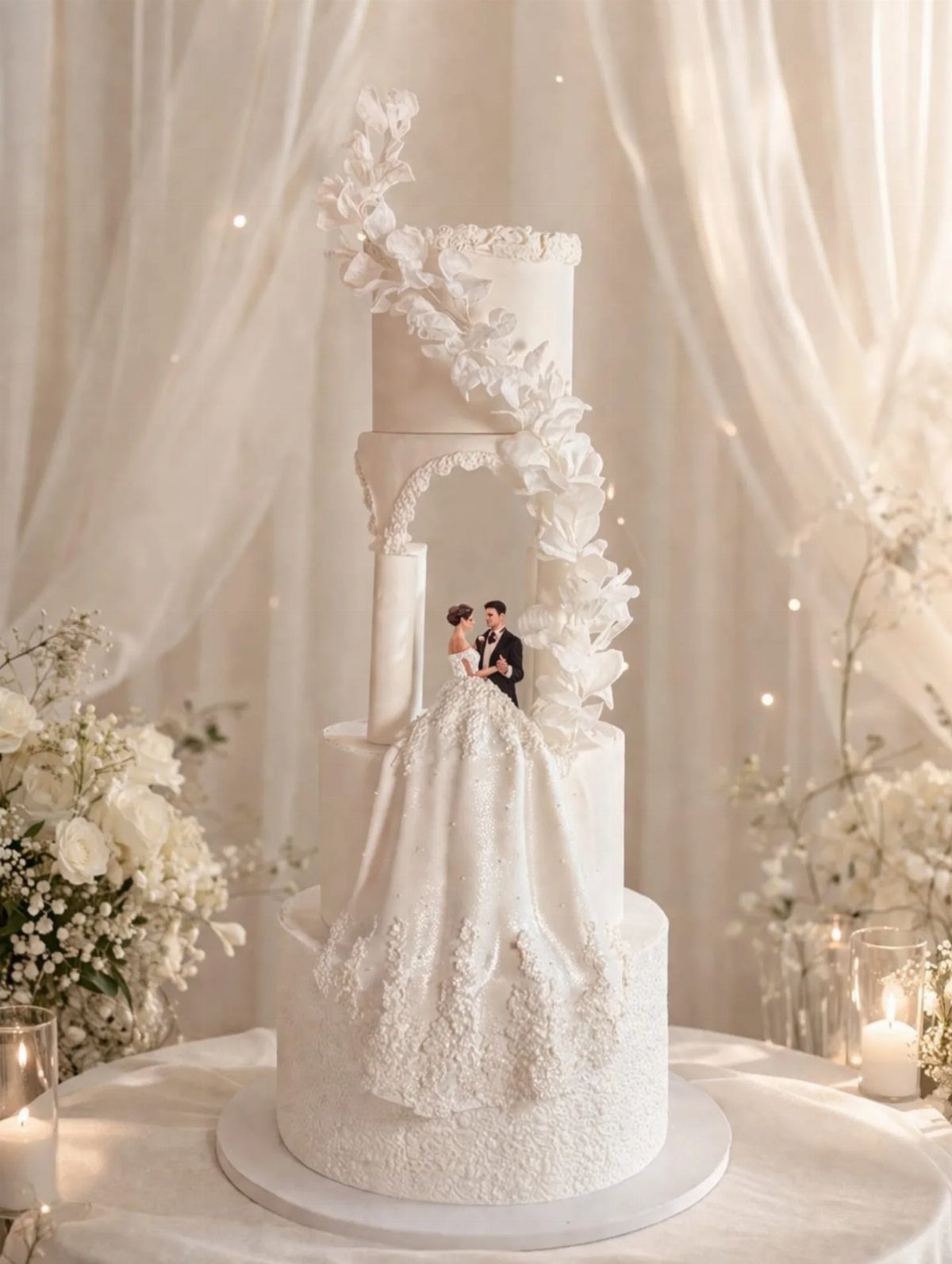 Wedding Cakes for 100 Guests: 6 Designs That Actually Work 2 A tall, white tiered wedding cake decorated with intricate lace patterns and a floral swirl.