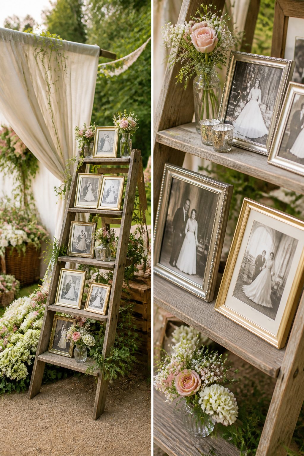 9 Wedding Ceremony Decoration Ideas: From Arch to Exit 7 Family wedding photos displayed on a ladder at a wedding ceremony.