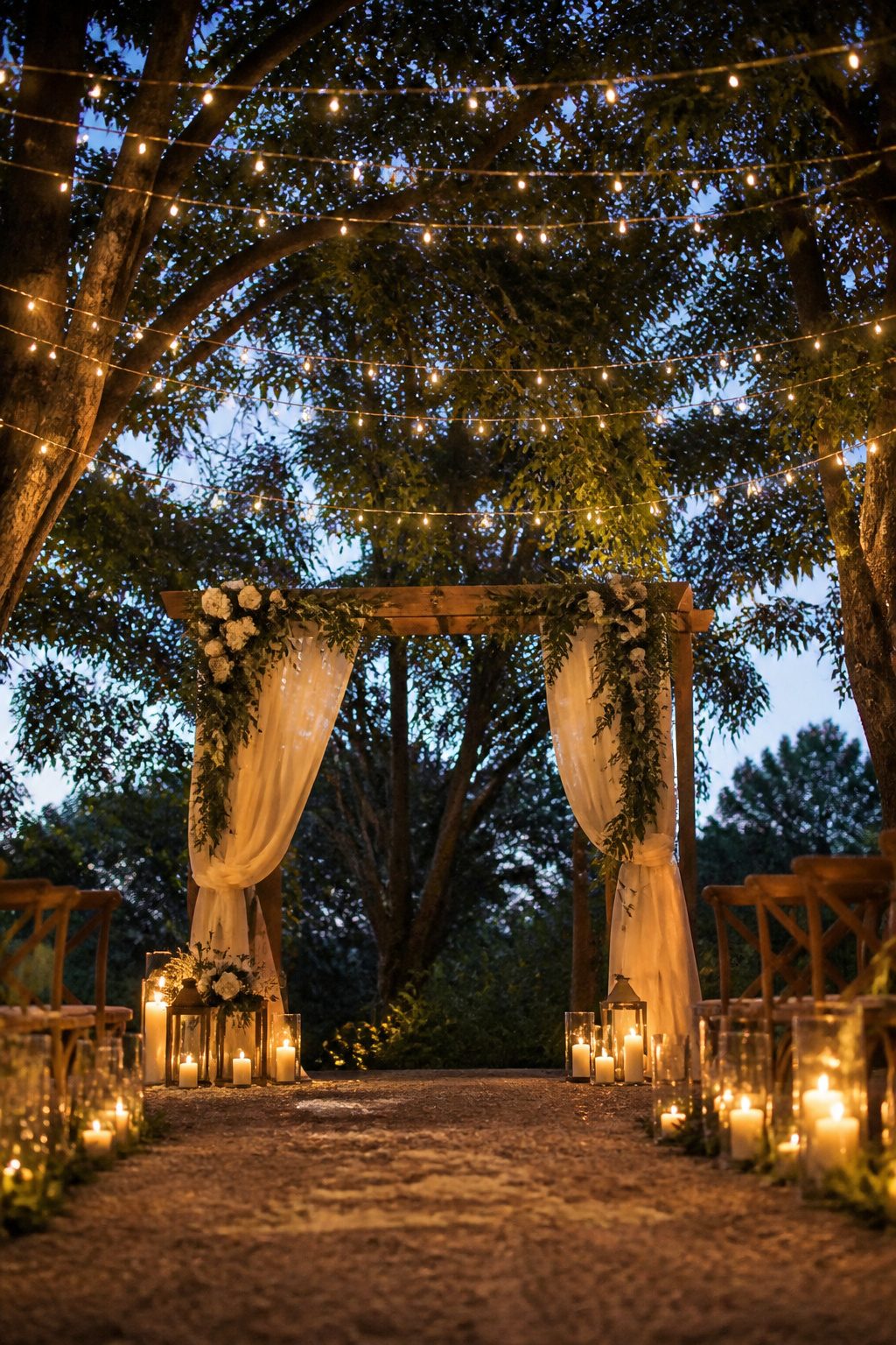9 Wedding Ceremony Decoration Ideas: From Arch to Exit 6 Fairy lights strung overhead in a wedding ceremony setting.