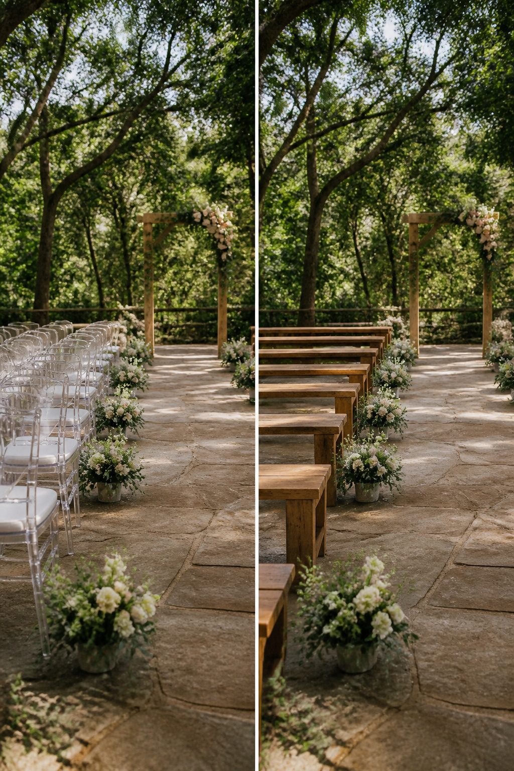 9 Wedding Ceremony Decoration Ideas: From Arch to Exit 3 Ghost chairs and wooden benches arranged for wedding seating.