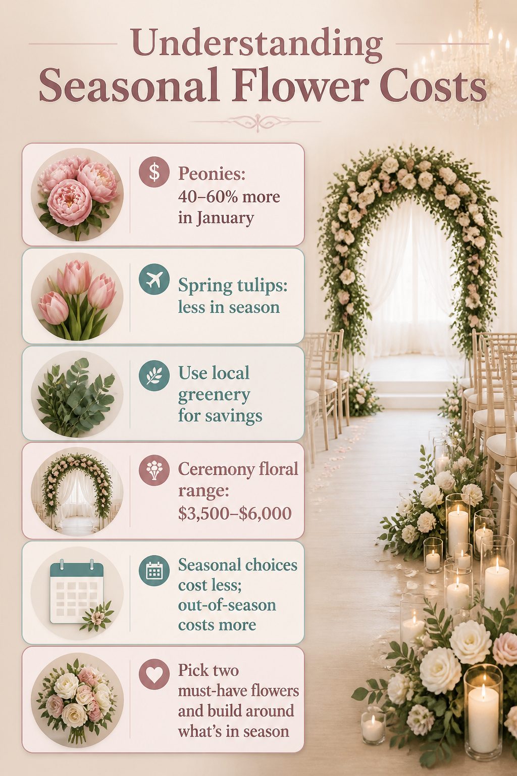 9 Wedding Ceremony Decoration Ideas: From Arch to Exit 10 Chart showing seasonal flower costs for weddings.