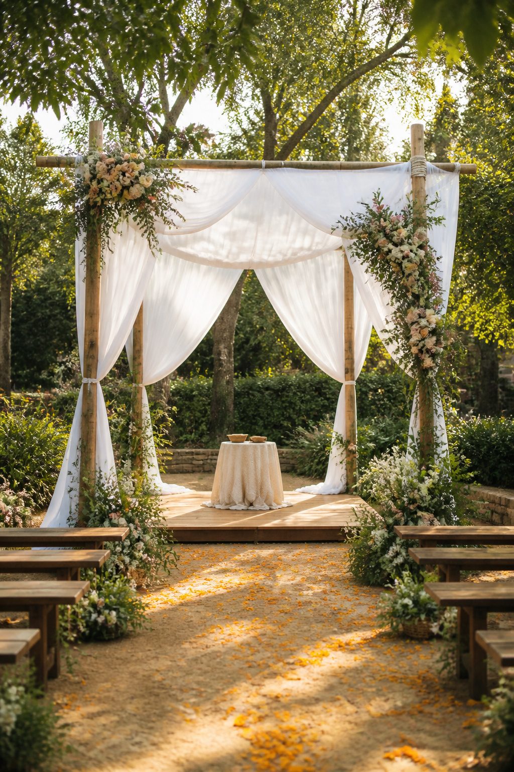 9 Wedding Ceremony Decoration Ideas: From Arch to Exit 12 Chuppah structure with white fabric at an outdoor wedding.