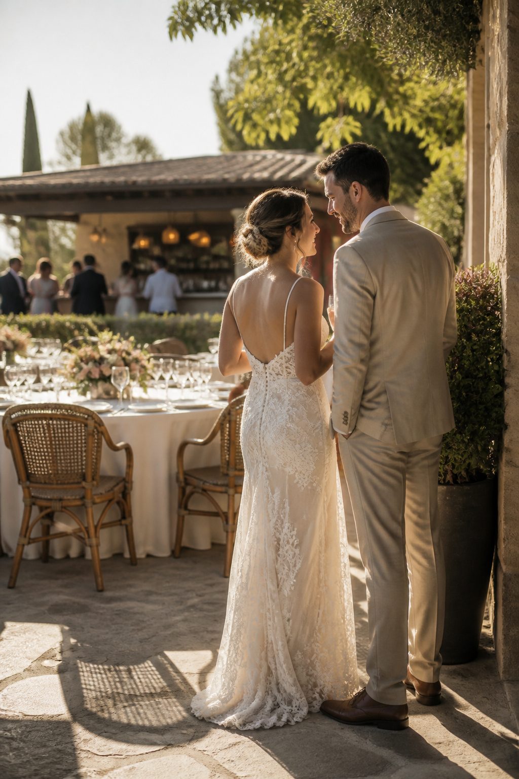 Wedding Couple Photos: Ideas, Planning & Timing in 2026 11 A couple standing at a patio before their wedding breakfast.