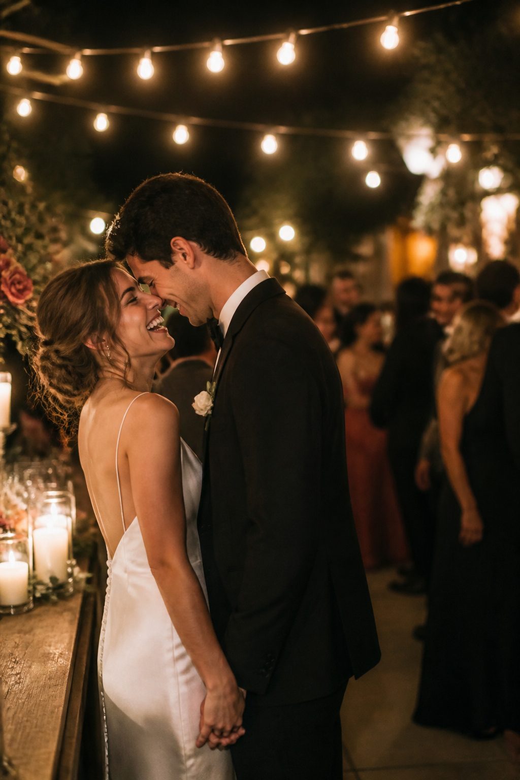 Wedding Couple Photos: Ideas, Planning & Timing in 2026 1 A couple sharing laughter during their wedding reception.