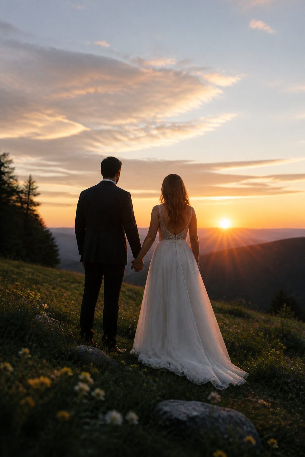 Wedding Couple Photos: Ideas, Planning & Timing in 2026 2 A couple standing hand-in-hand at sunset on a hilltop.