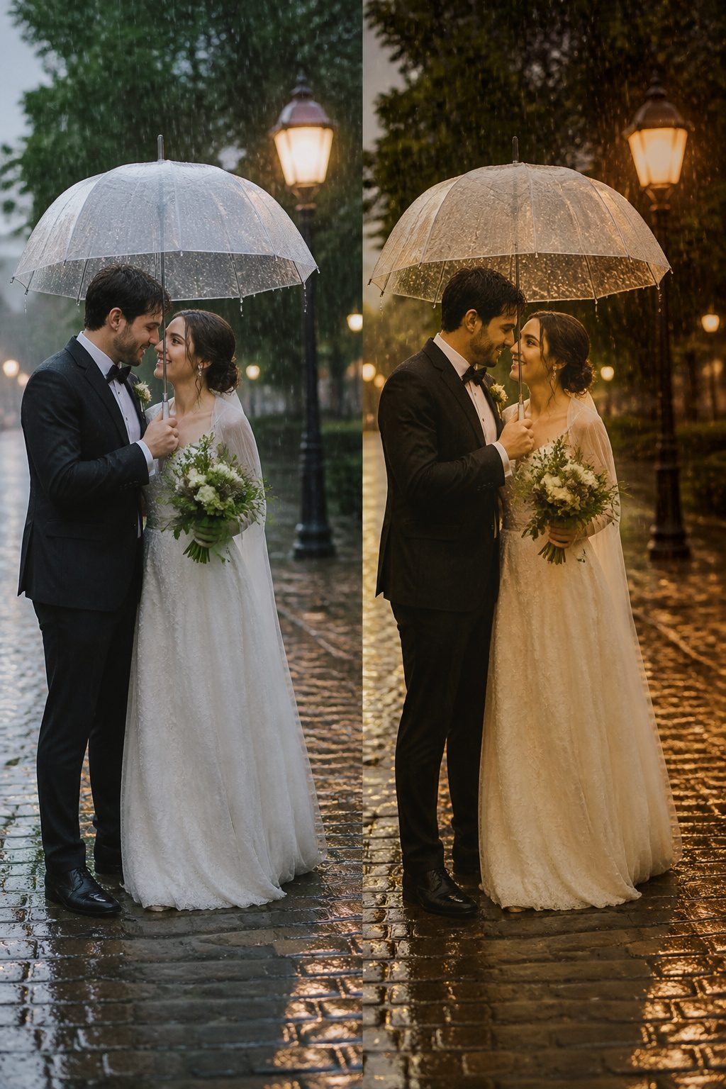 Wedding Couple Photos: Ideas, Planning & Timing in 2026 6 A couple holding a clear umbrella during light rain.