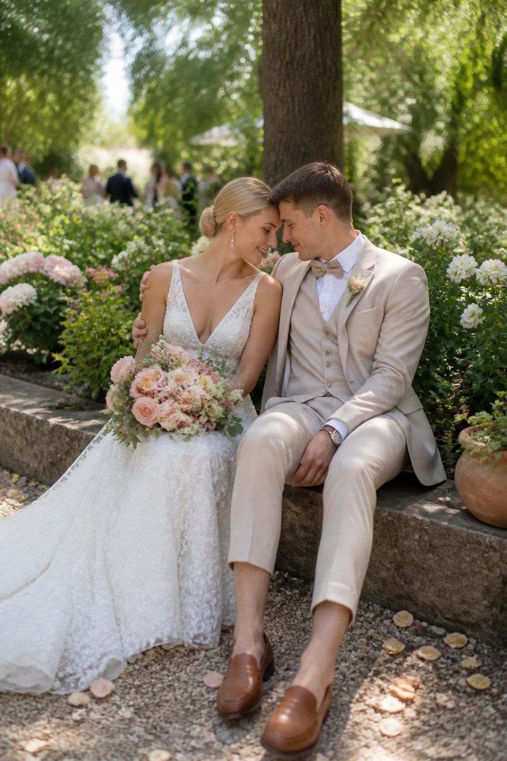 Wedding Couple Photos: Ideas, Planning & Timing in 2026 9 A couple leaning against each other in a floral garden.