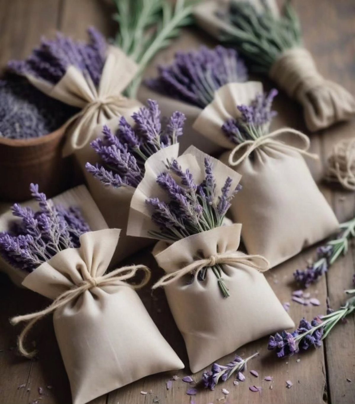 Small beige fabric drawstring pouches filled with purple lavender sprigs on a wooden table.
