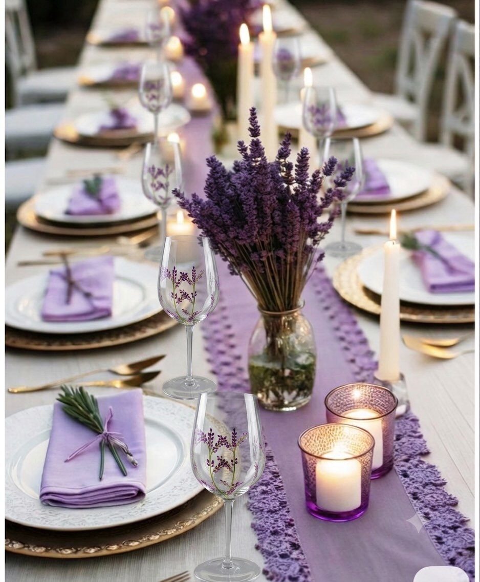 A long wedding table featuring a purple lace runner, lavender sprigs, and lit candles.