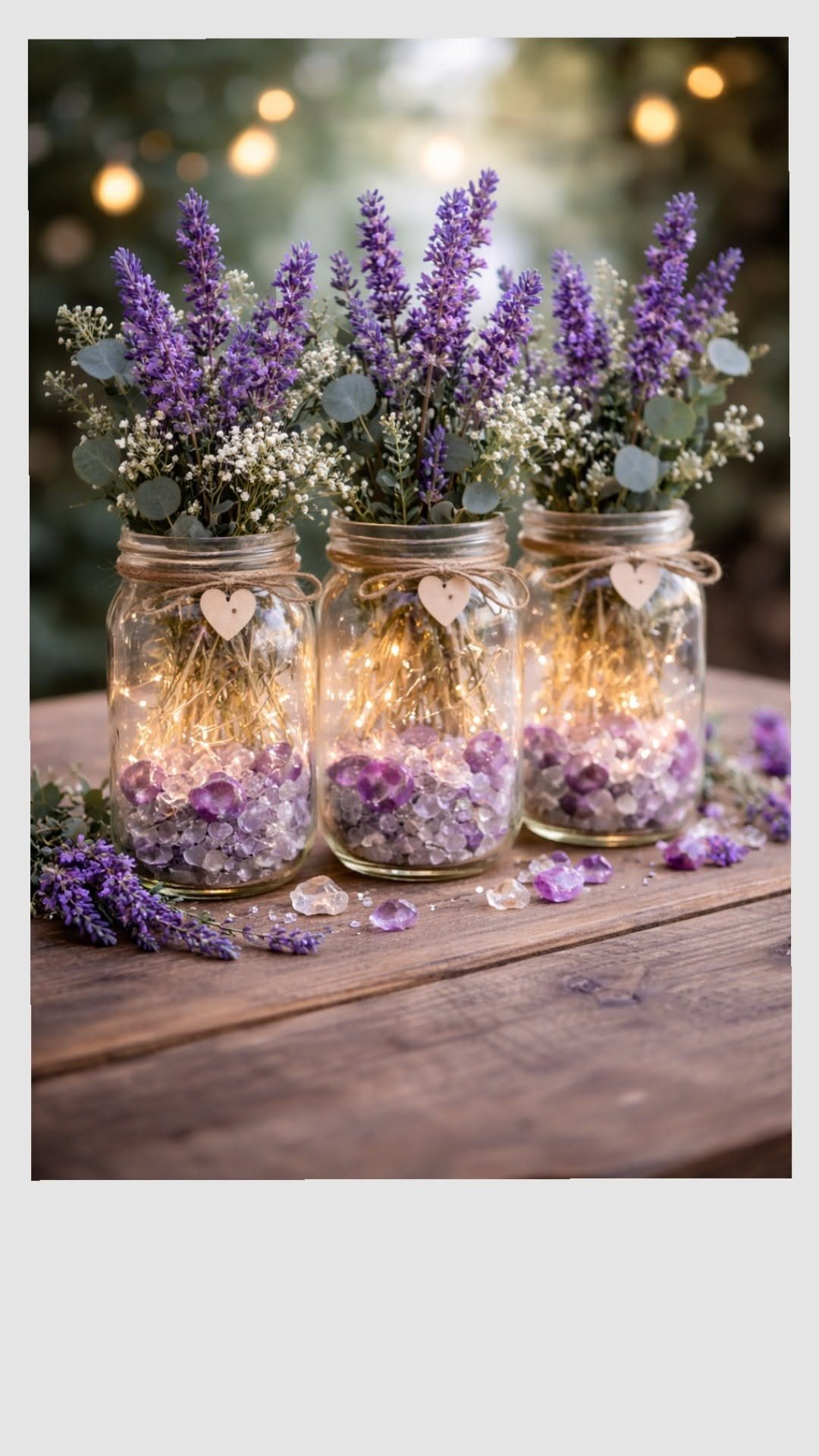 Three mason jars containing lavender sprigs, fairy lights, and purple petals on a wooden table.
