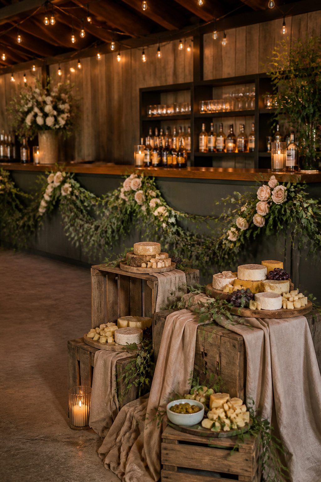 Bar area adorned with a garland and flowers, illuminated by string lights.