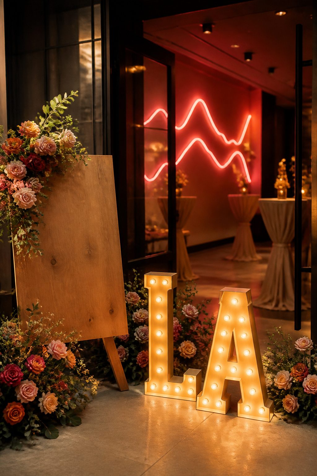 Wooden welcome board and marquee letters displaying initials at the entrance.