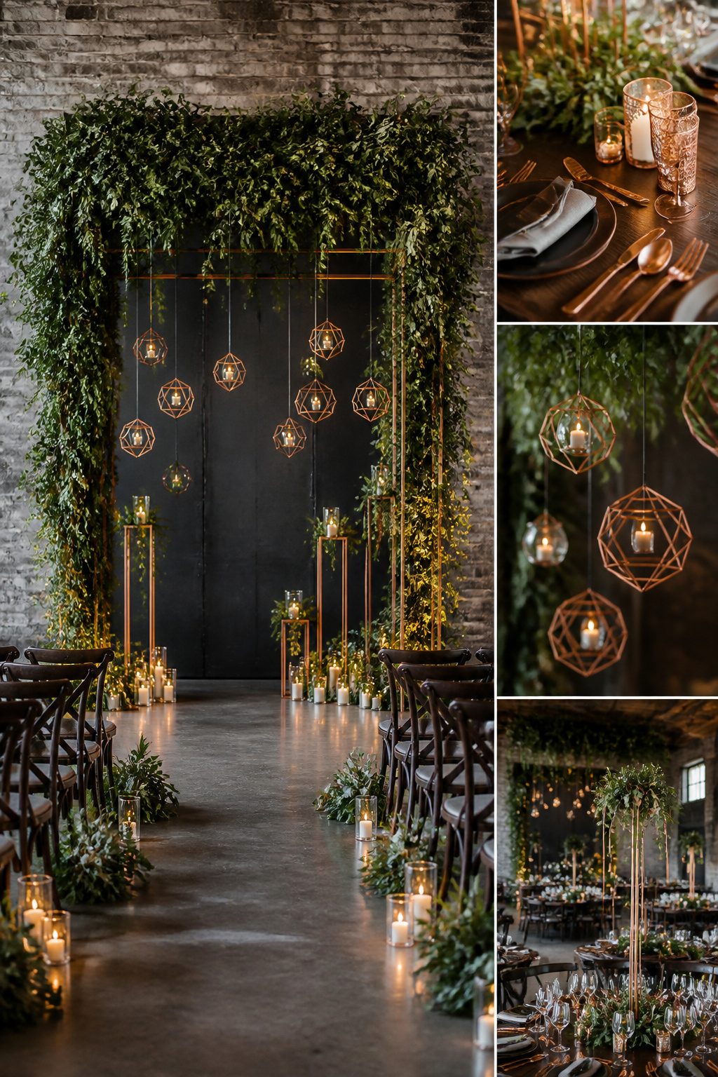 Decorative elements including copper accents and greenery in various arrangements.