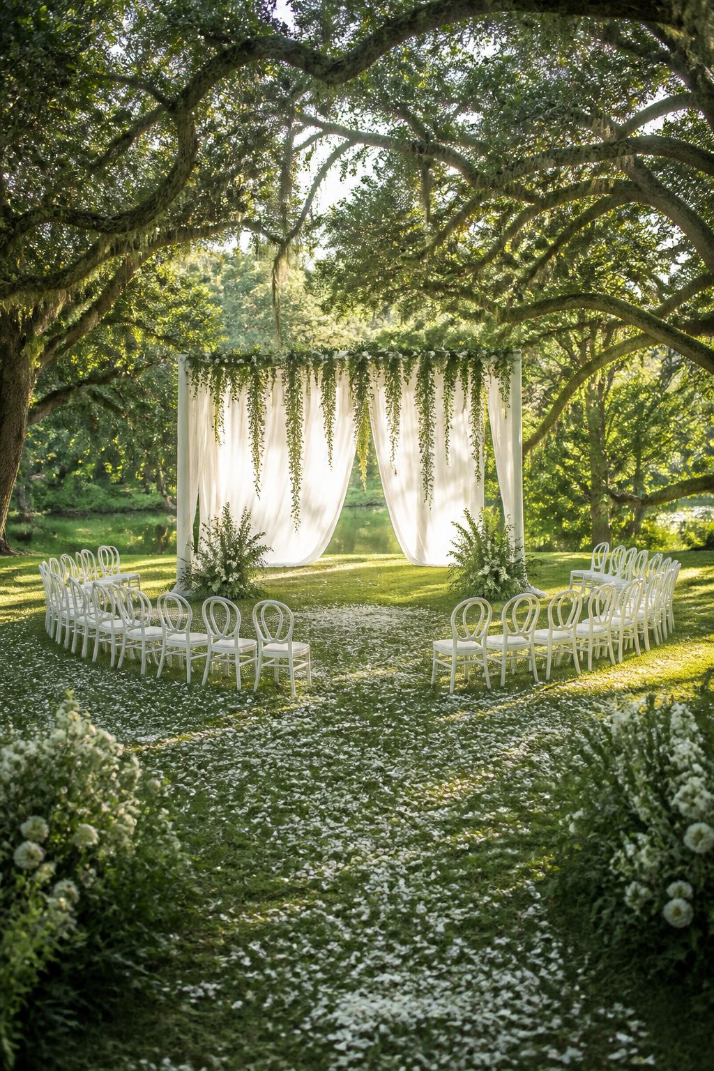 Ceremony seating arranged in a semicircle with sheer curtains in the backdrop.