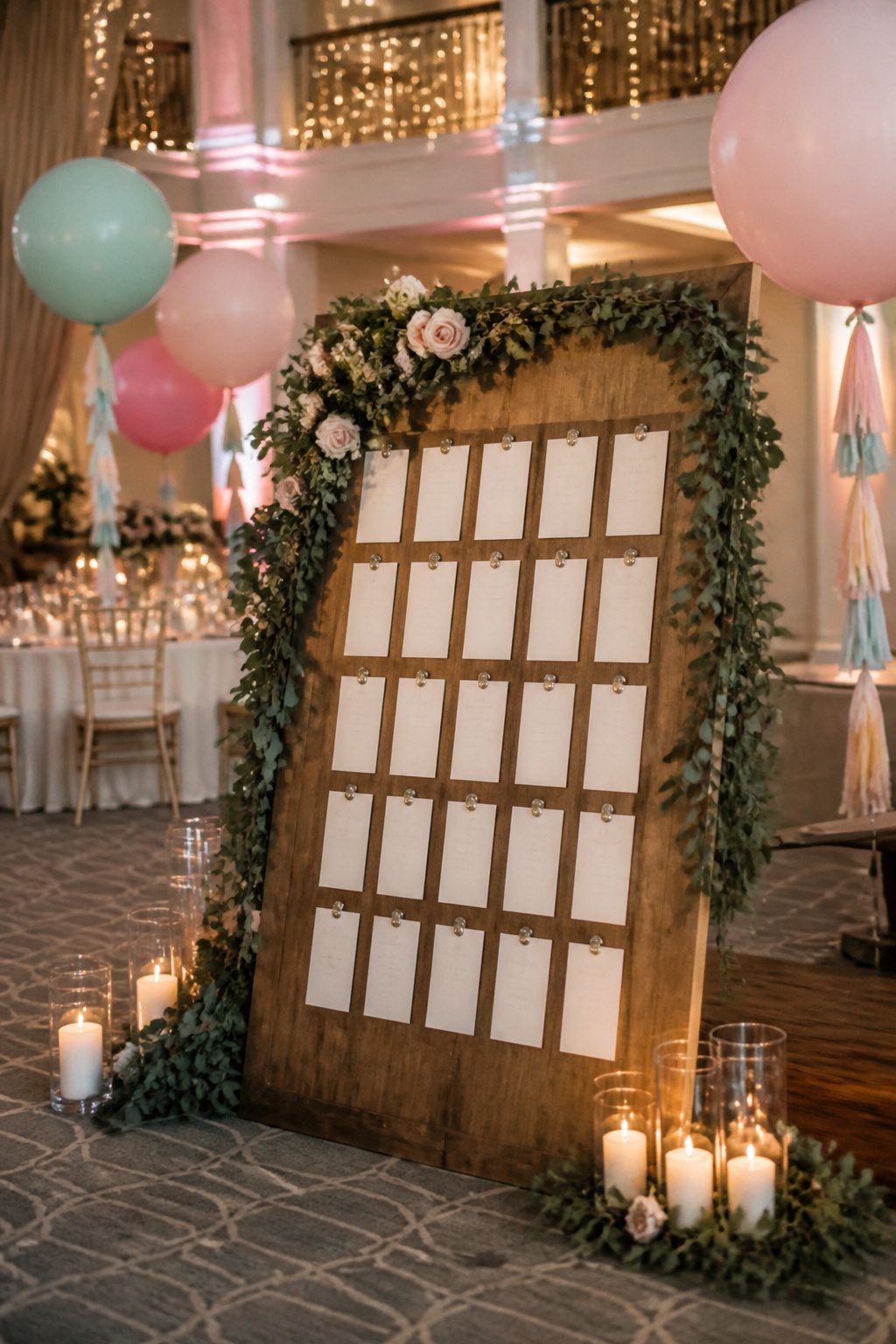 Reception area with neon signs, seating charts, and giant balloons.