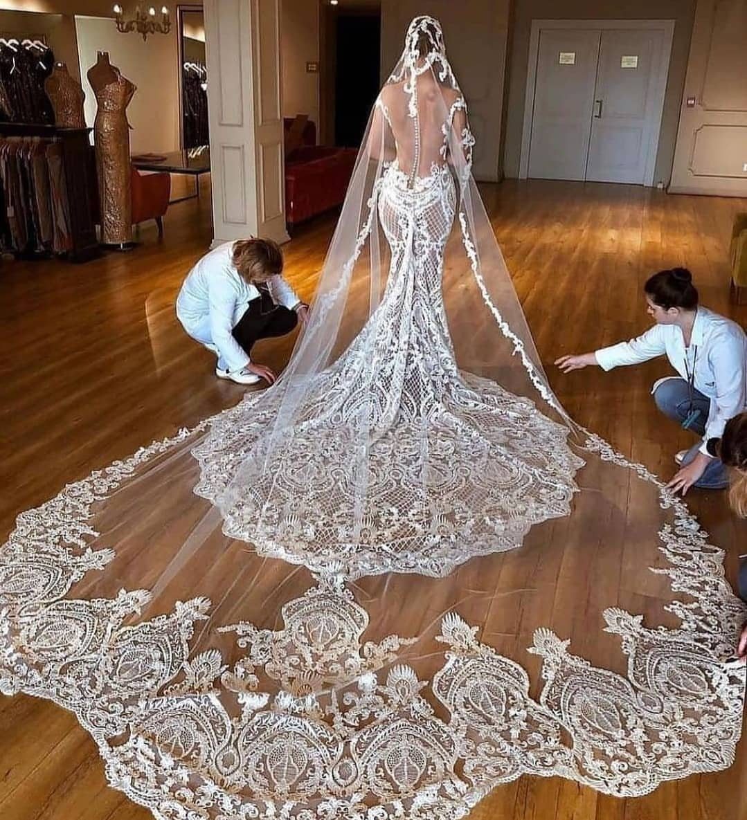 A bride wearing a lace mermaid wedding dress with an expansive, detailed lace train and veil.
