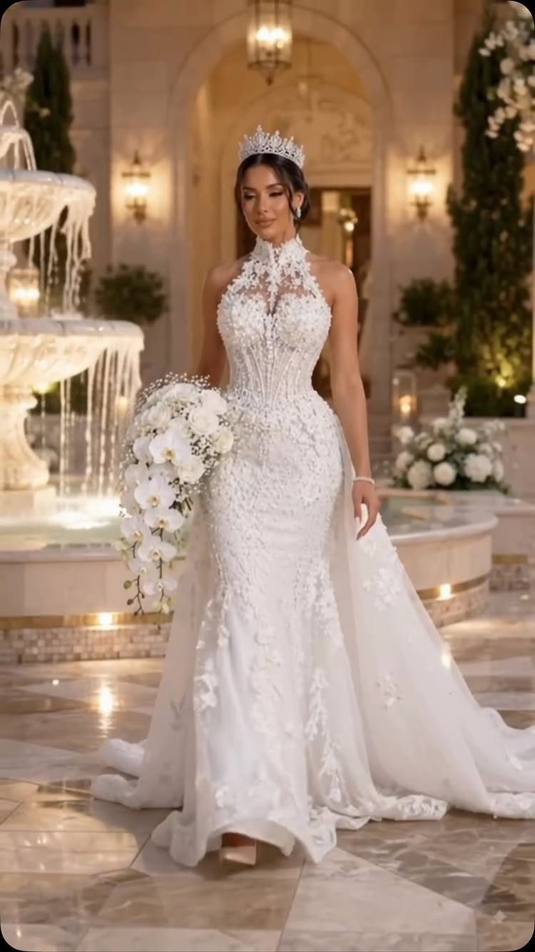 A woman in a white lace mermaid wedding gown holding a white orchid bouquet.
