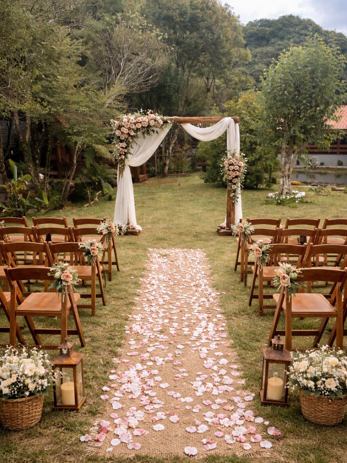 Outdoor wedding ceremony setup with a floral wooden arch, burlap aisle runner, and wooden chairs on grass.