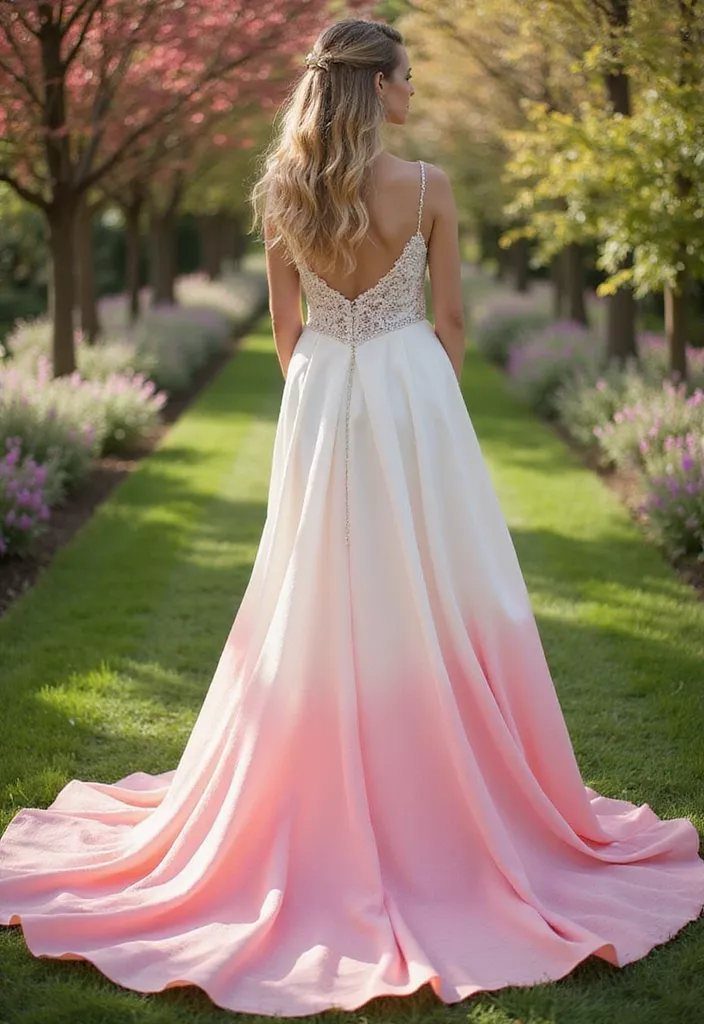 Wedding Dress White and Pink: 8 Gowns for a Colorful Ceremony 7 Woman in a white lace gown with a long ombre pink skirt standing in a garden.