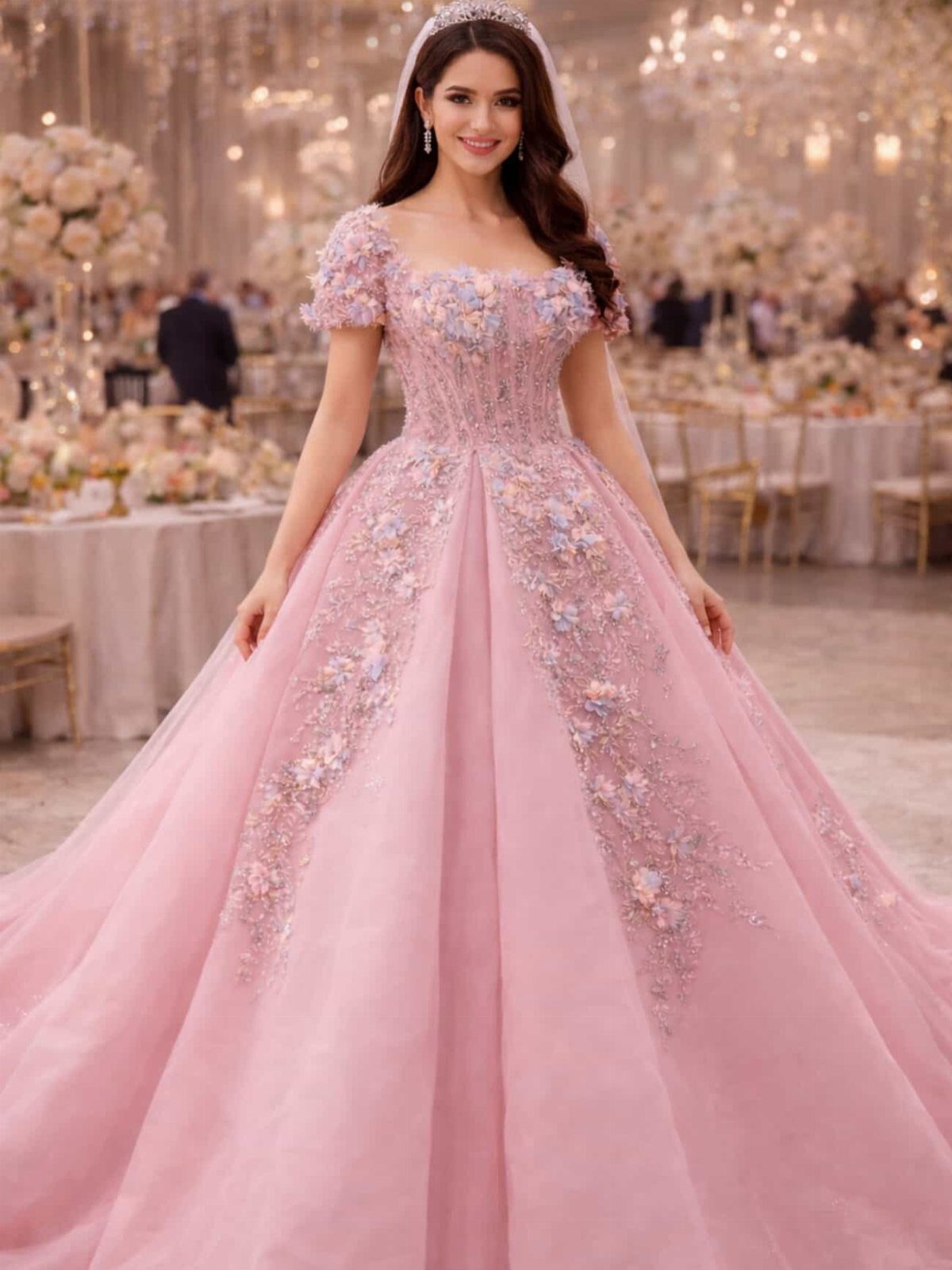 Wedding Dress White and Pink: 8 Gowns for a Colorful Ceremony 4 A woman in a pink floral lace ballgown smiling in a decorated ballroom.