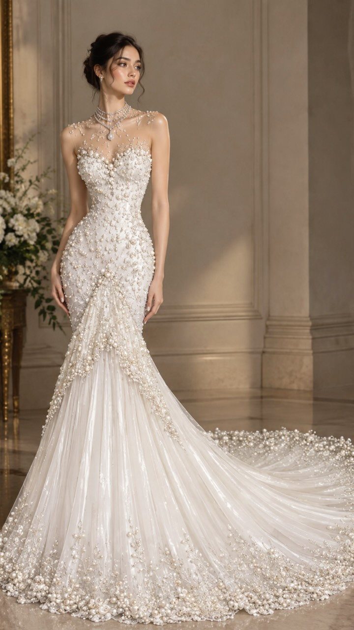 A woman wearing a white mermaid wedding dress adorned with intricate pearl and floral details.