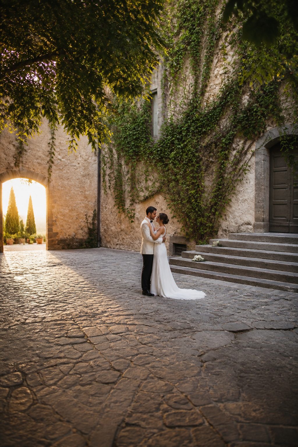 Couple posing for portraits after their wedding ceremony.