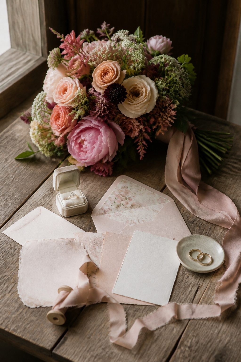 Bridal bouquet placed on a table with rings and an invitation.